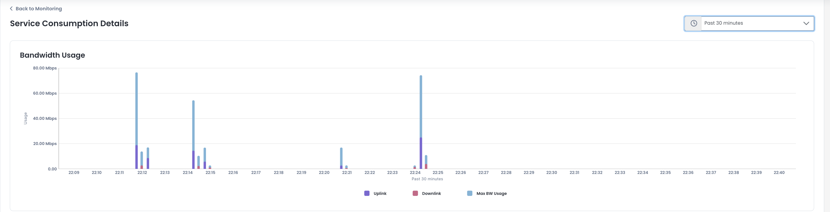 Graph displaying bandwidth usage over the last 30 minutes with uplink and downlink data.